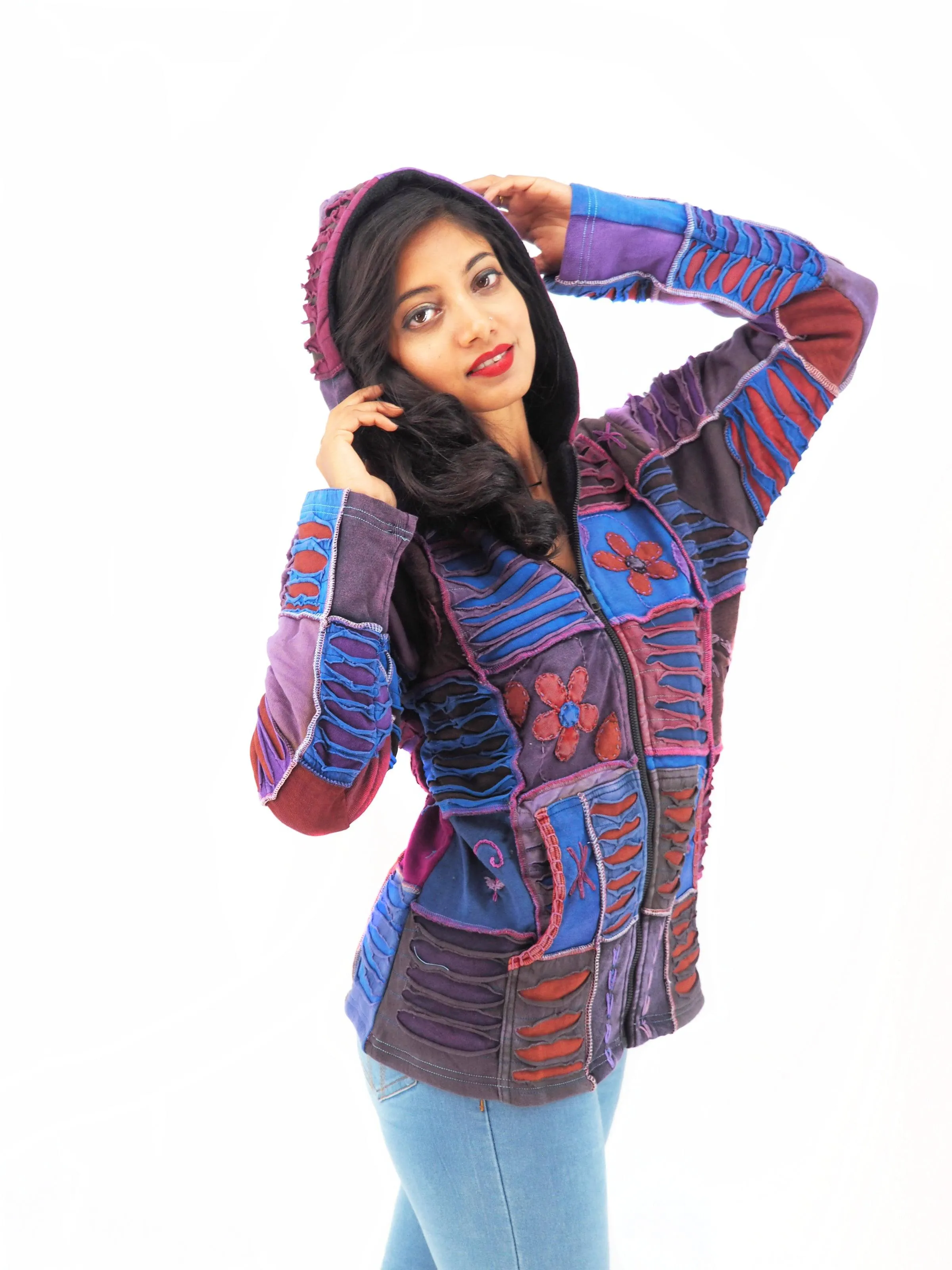 Handmade Patchwork Boho Hoodie 100% Pre-Washed Cotton Purple Tones  S-M-L-XL