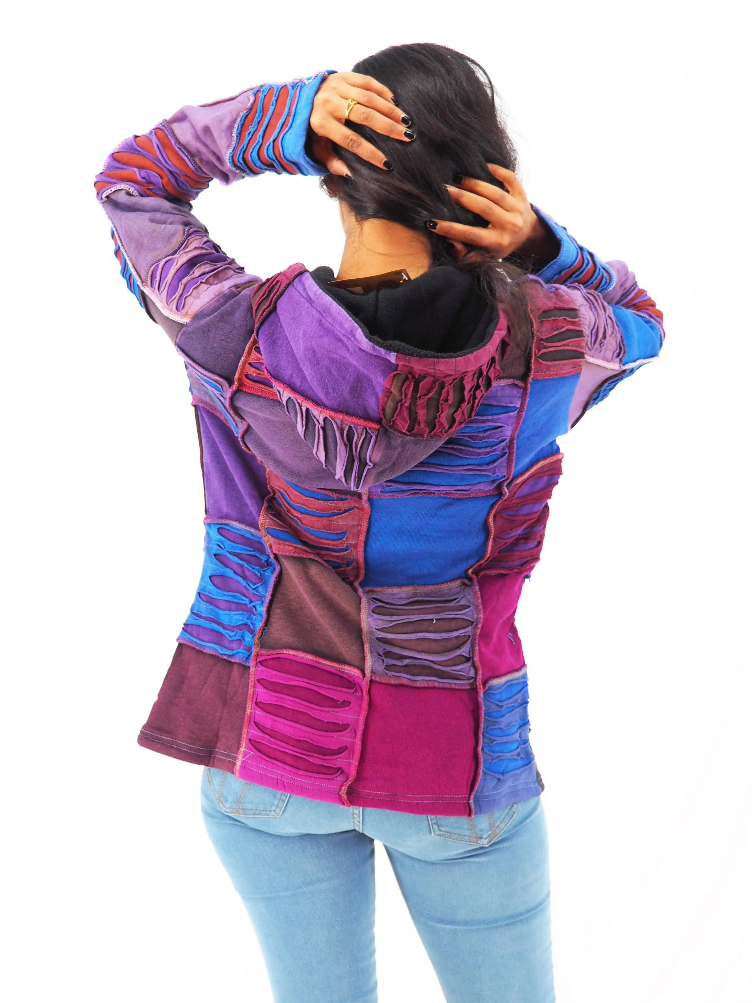 Handmade Patchwork Boho Hoodie 100% Pre-Washed Cotton Purple Tones  S-M-L-XL