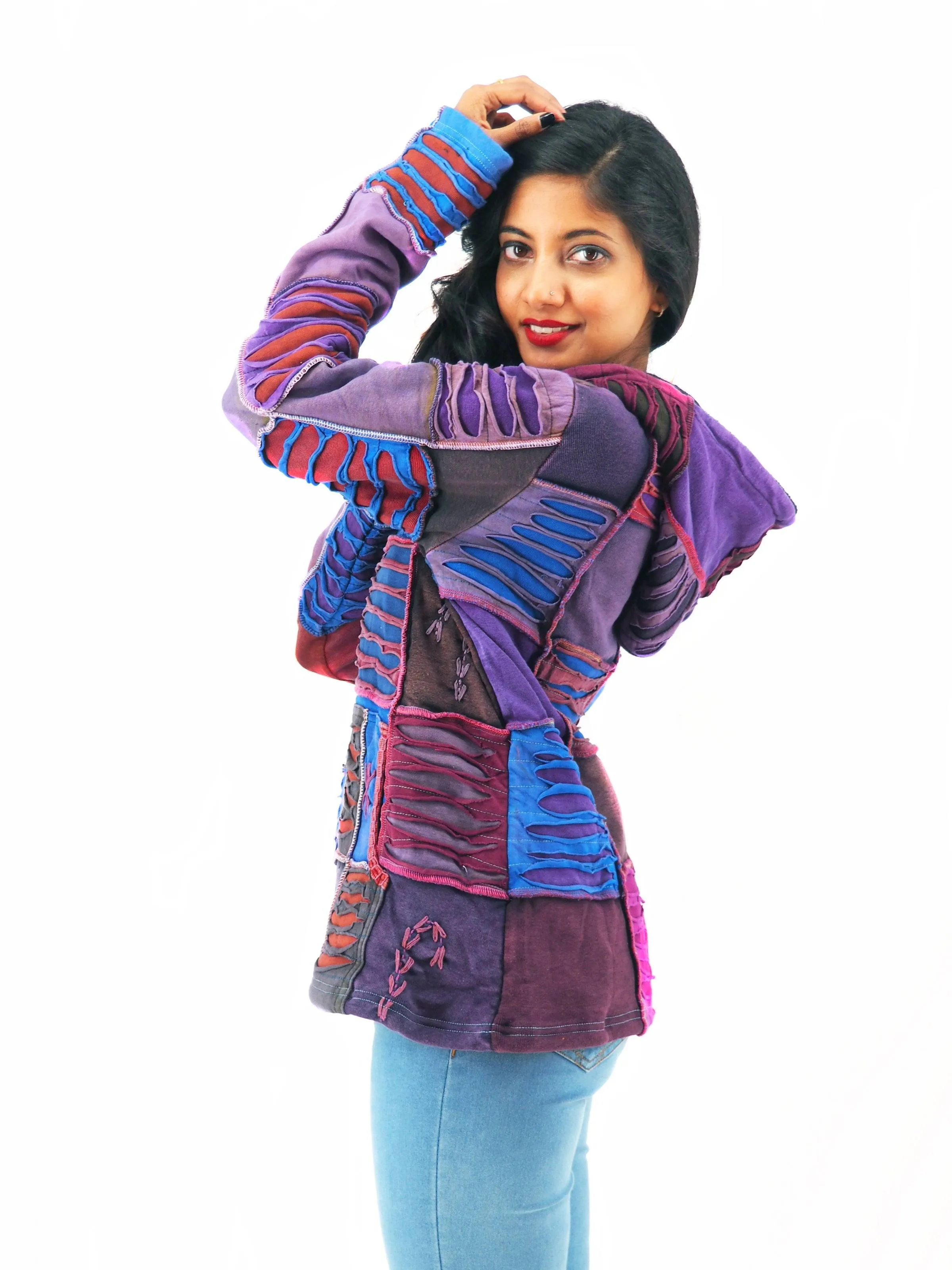 Handmade Patchwork Boho Hoodie 100% Pre-Washed Cotton Purple Tones  S-M-L-XL