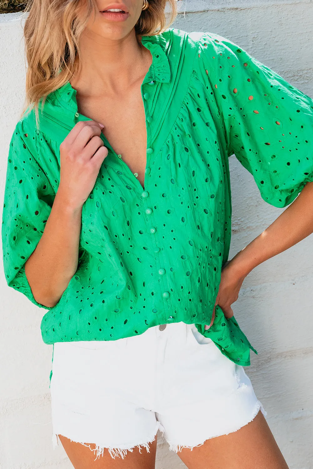 Hollow-out Puff Sleeve Blouse