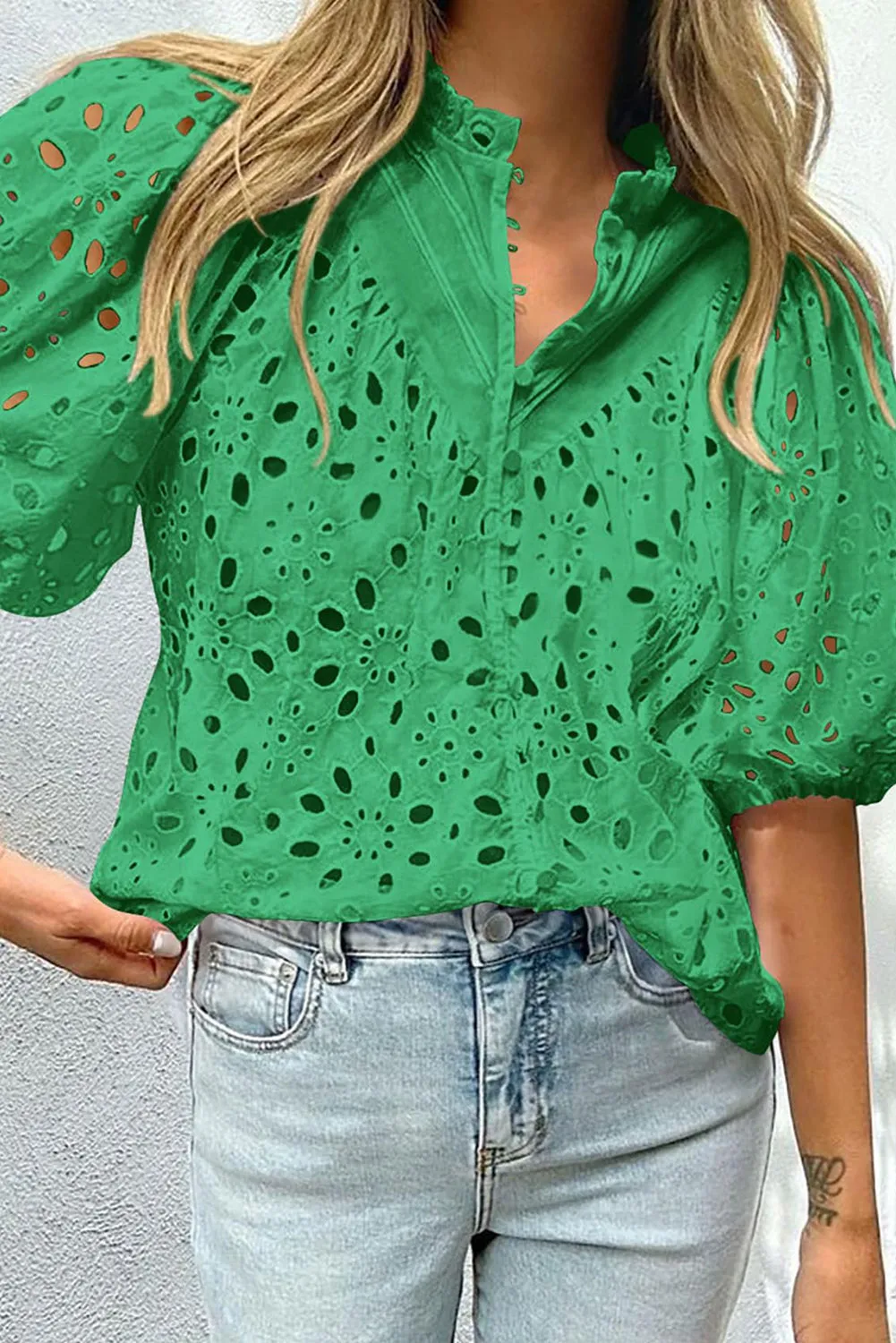 Hollow-out Puff Sleeve Blouse