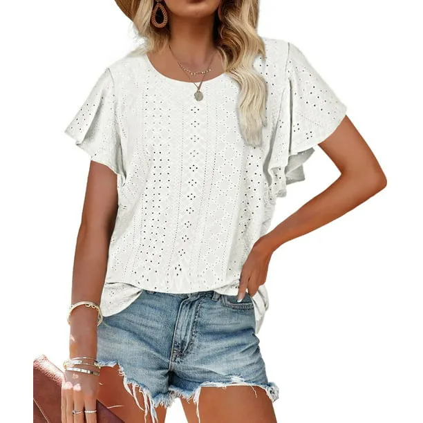 Hollow Womens Blouses Crew Neck Ruffle Sleeve Summer Women Tops