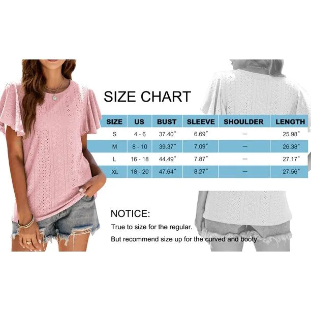 Hollow Womens Blouses Crew Neck Ruffle Sleeve Summer Women Tops