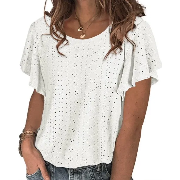 Hollow Womens Blouses Crew Neck Ruffle Sleeve Summer Women Tops