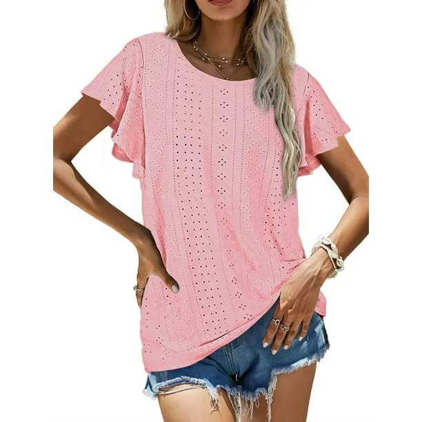 Hollow Womens Blouses Crew Neck Ruffle Sleeve Summer Women Tops