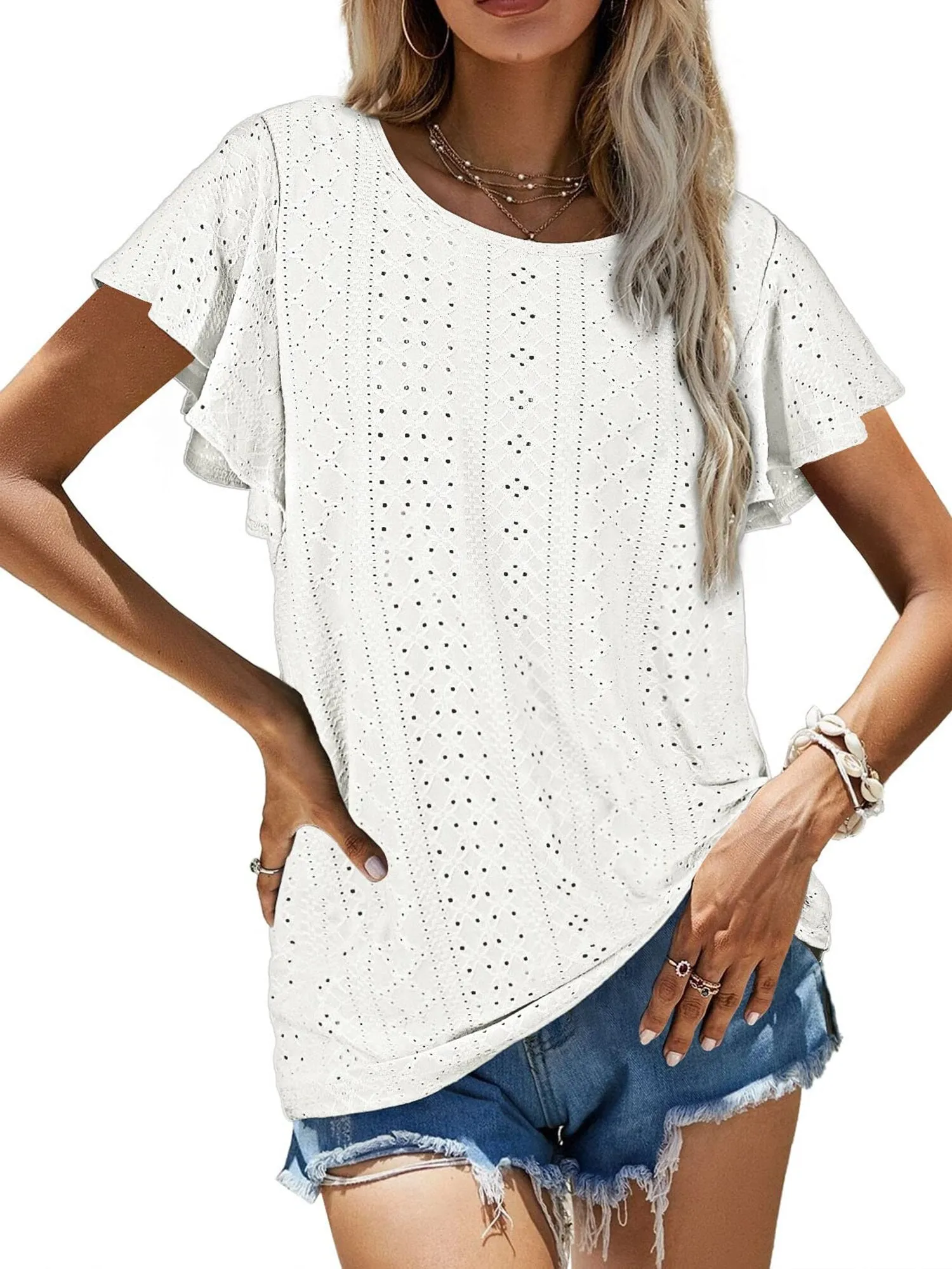 Hollow Womens Blouses Crew Neck Ruffle Sleeve Summer Women Tops