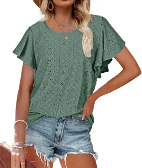 Hollow Womens Blouses Crew Neck Ruffle Sleeve Summer Women Tops