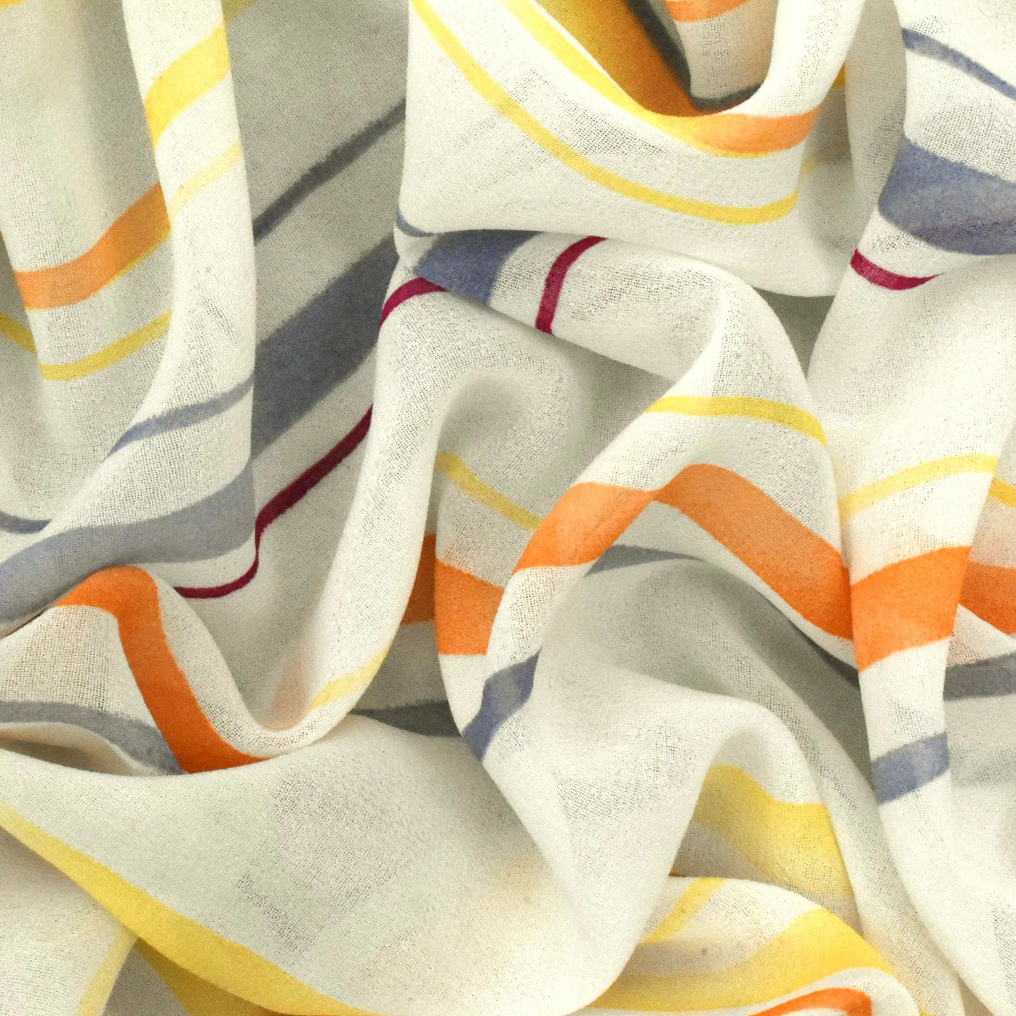 Ivory-Yellow-Multi Stripe Printed Poly Chiffon Woven Fabric