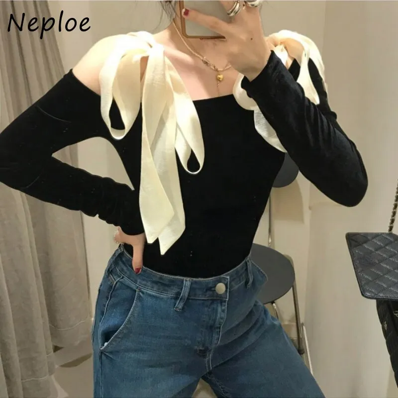 Joskaa Christmas Gift Elegant Lace-up Bow-knot Unique Chic Shirts Women Long-sleeve Slash Neck Velvet Blouse Female Autumn 2024 New Tops Mujer