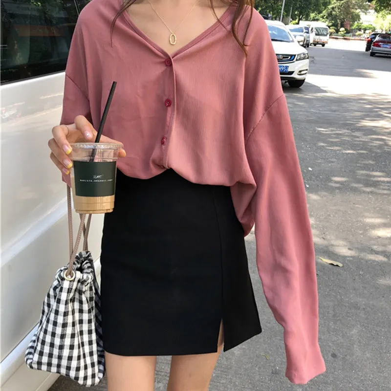 [Korean Style] Gidhi V neck Button Down Blouses