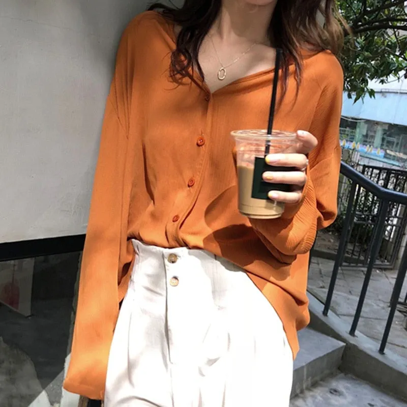 [Korean Style] Gidhi V neck Button Down Blouses