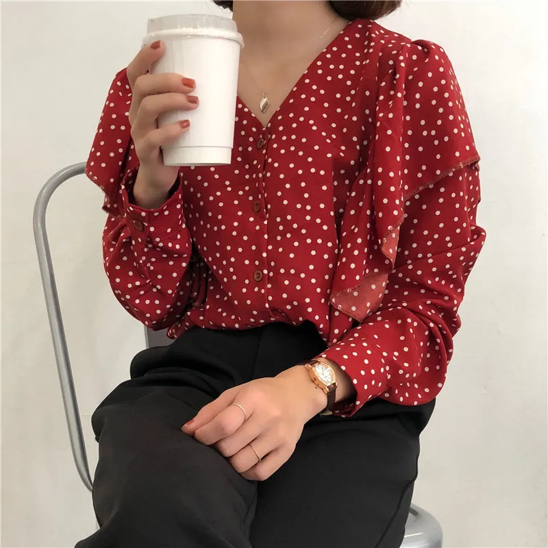 [Korean Style] Kaith V-neckline Poka Dot Blouses