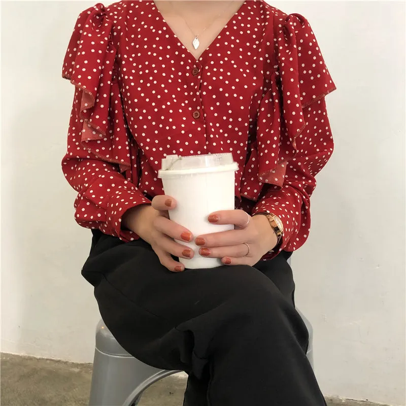 [Korean Style] Kaith V-neckline Poka Dot Blouses