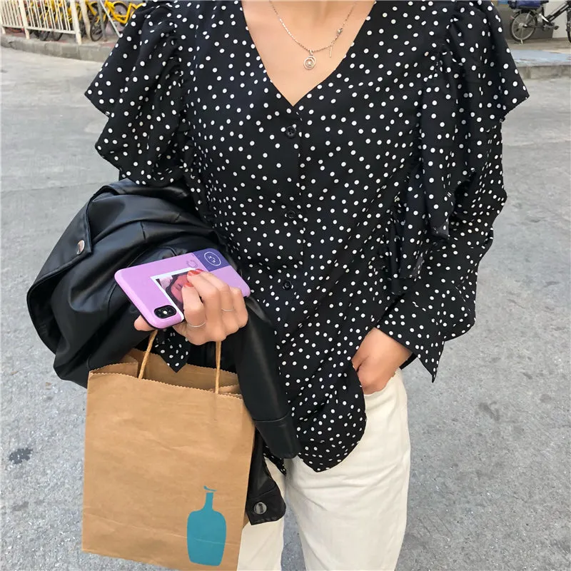 [Korean Style] Kaith V-neckline Poka Dot Blouses