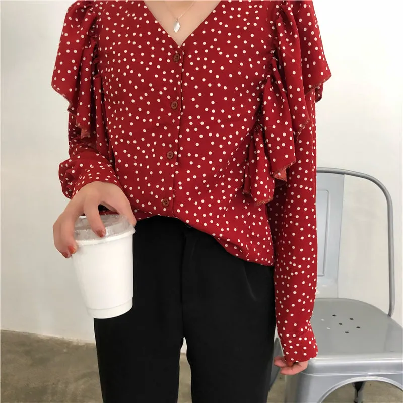 [Korean Style] Kaith V-neckline Poka Dot Blouses