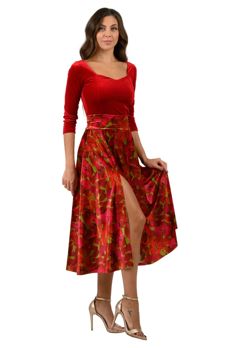 Leaf Print Velvet Flowing Skirt With Slit