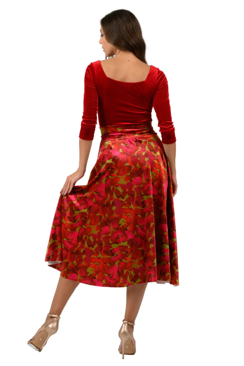 Leaf Print Velvet Flowing Skirt With Slit