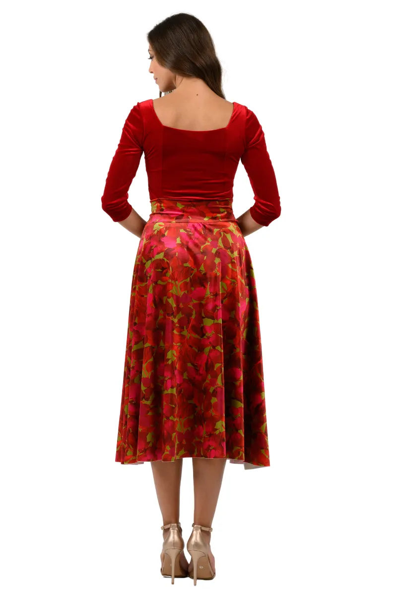 Leaf Print Velvet Flowing Skirt With Slit