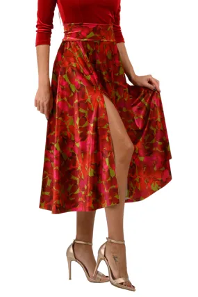 Leaf Print Velvet Flowing Skirt With Slit