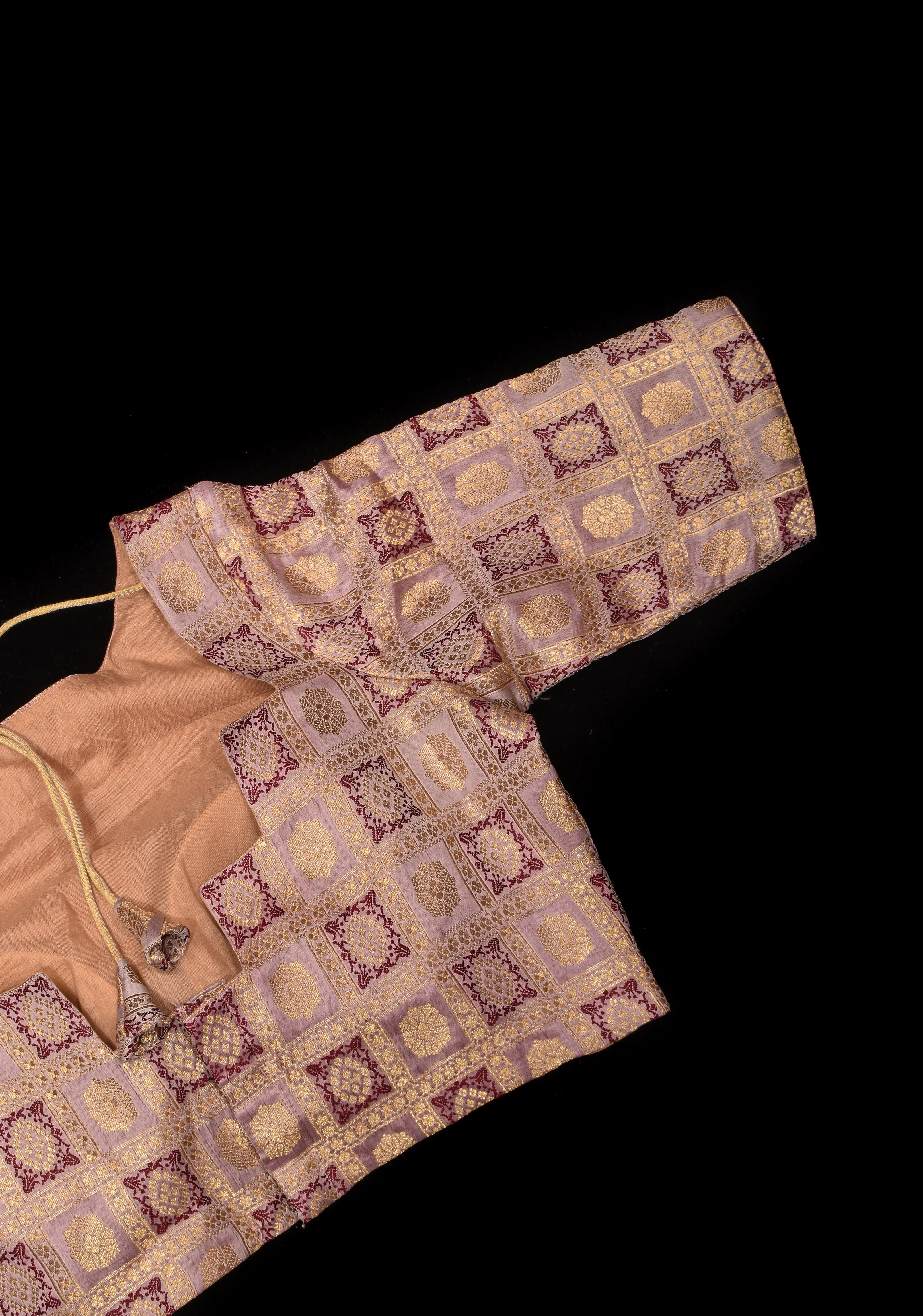 Lilac checked pure raw silk Boat neck blouse | Made to Order