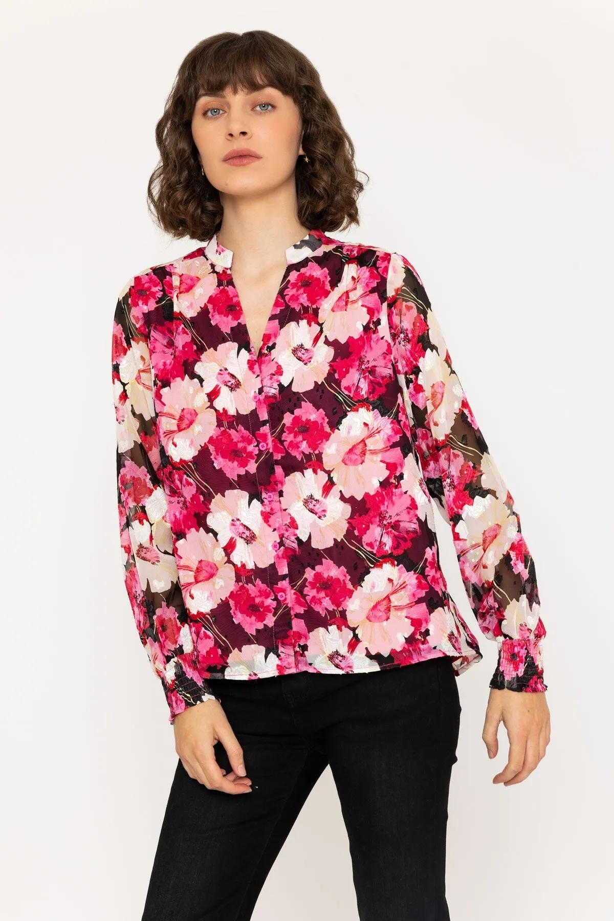 Long Sleeve Pink Floral V-Neck Button Blouse