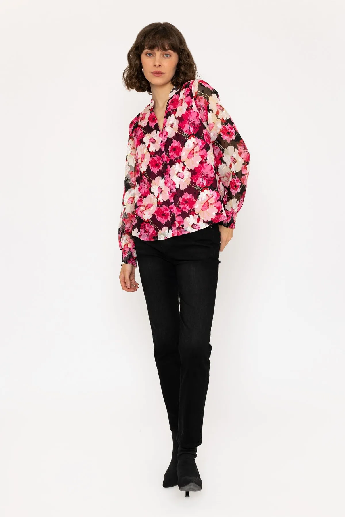 Long Sleeve Pink Floral V-Neck Button Blouse