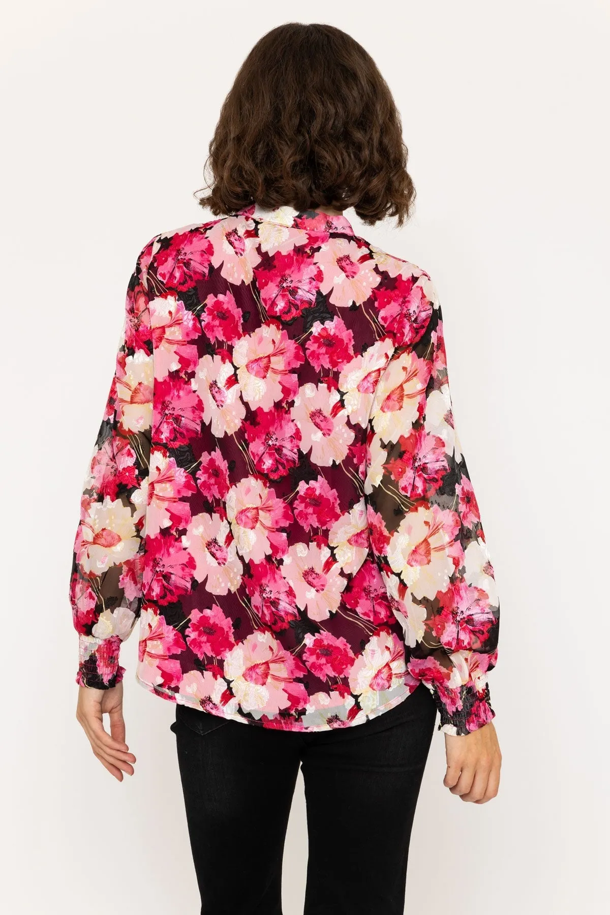 Long Sleeve Pink Floral V-Neck Button Blouse