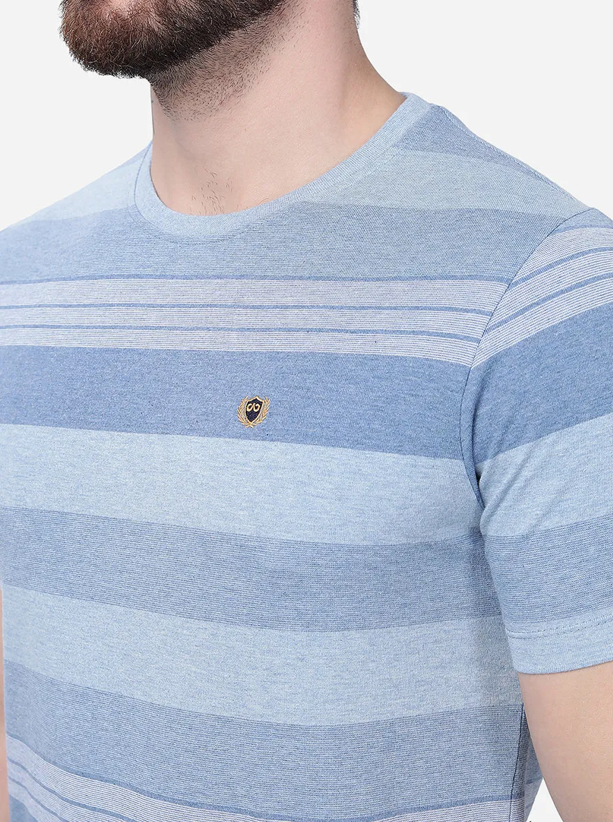 Melange Blue Striped Slim Fit T-Shirt | JadeBlue