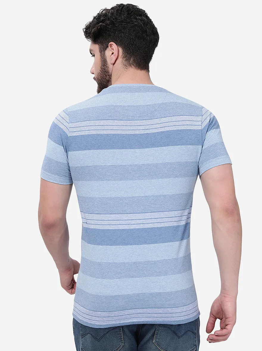 Melange Blue Striped Slim Fit T-Shirt | JadeBlue