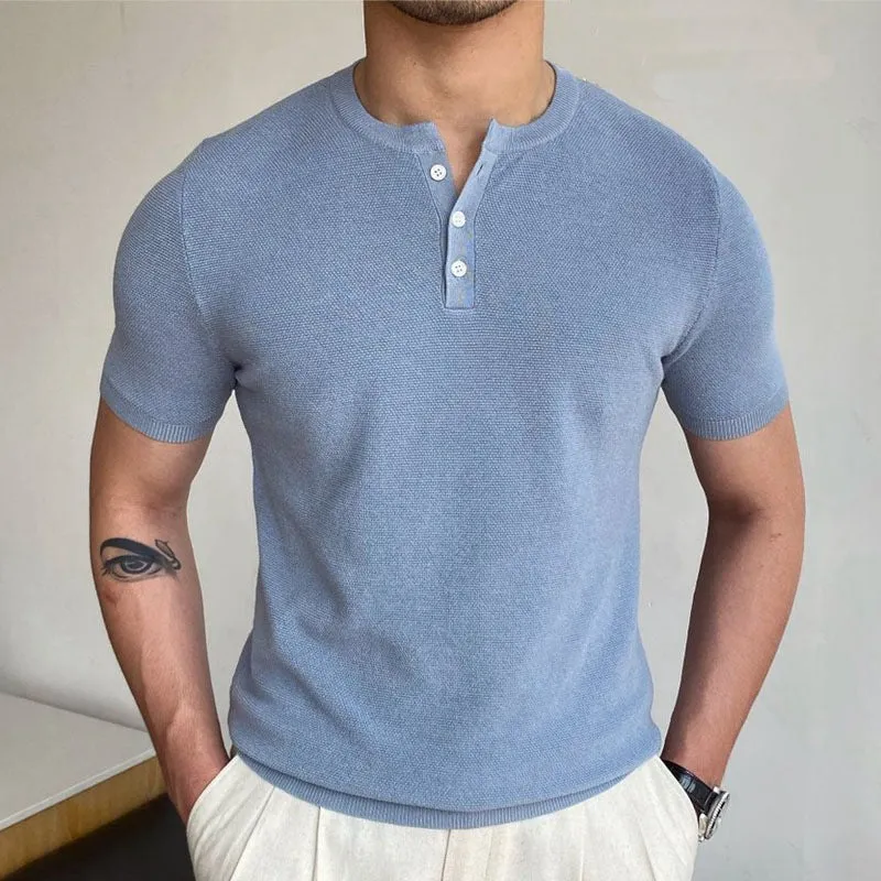 Men Summer Casual Blue Crew Neck Knit Short Sleeve T-Shirts