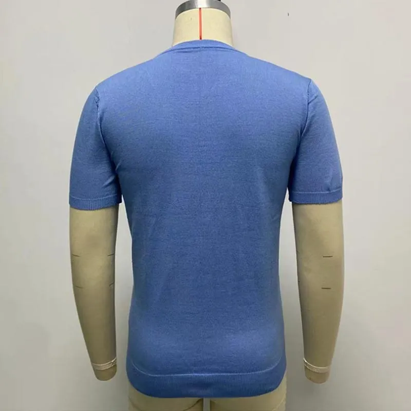 Men Summer Casual Blue Crew Neck Knit Short Sleeve T-Shirts