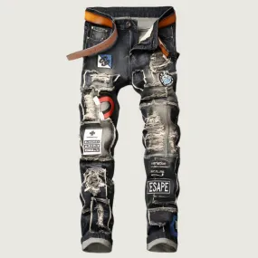 Men’s Ripped Badge Patch Jeans – Urban Streetwear Style