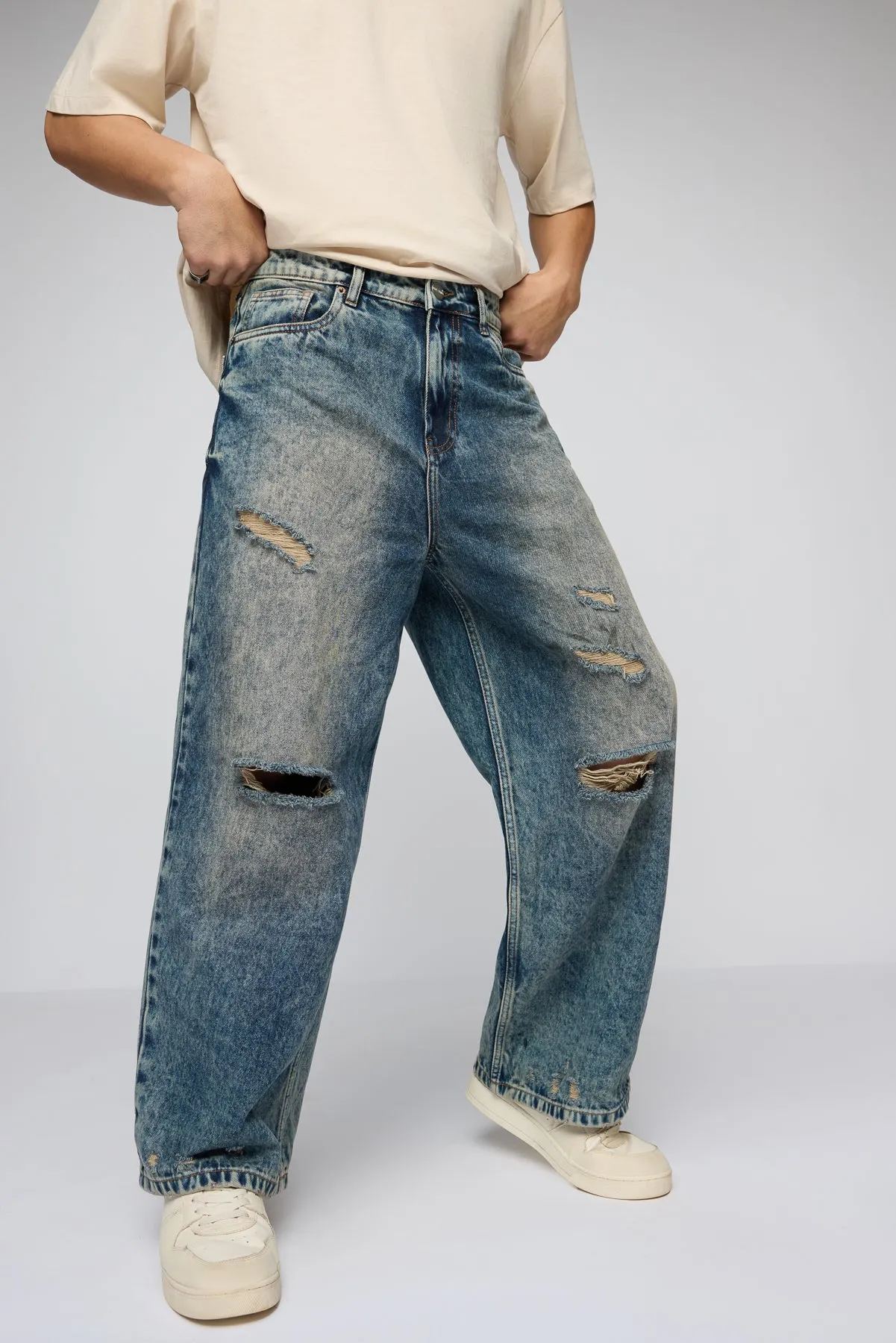 Mid Blue Mayhem Ripped Men's Wide Leg Jeans