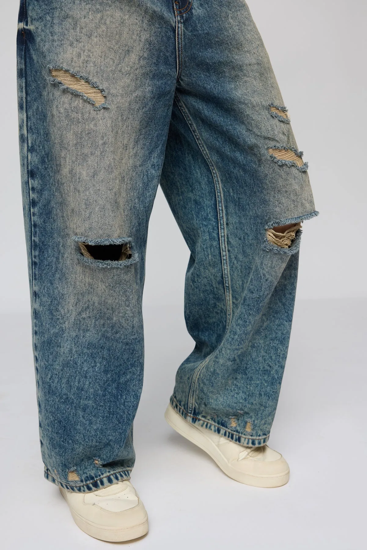 Mid Blue Mayhem Ripped Men's Wide Leg Jeans