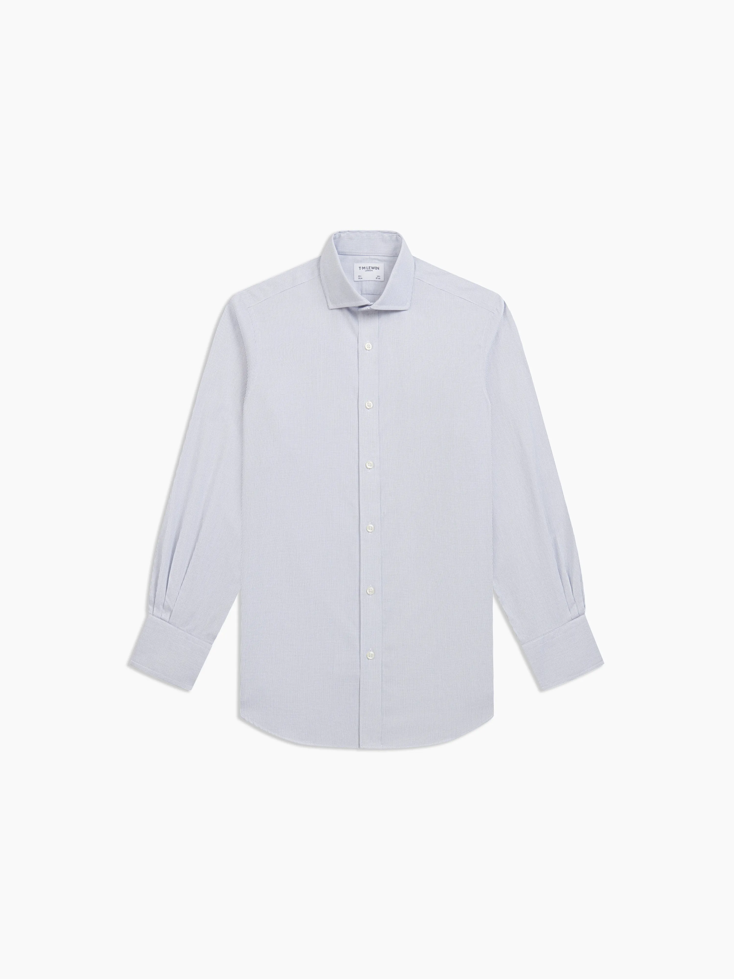 Non-Iron Navy Blue Narrow Dash Stripe Plain Weave Slim Fit Single Cuff Semi-Cutaway Collar Shirt