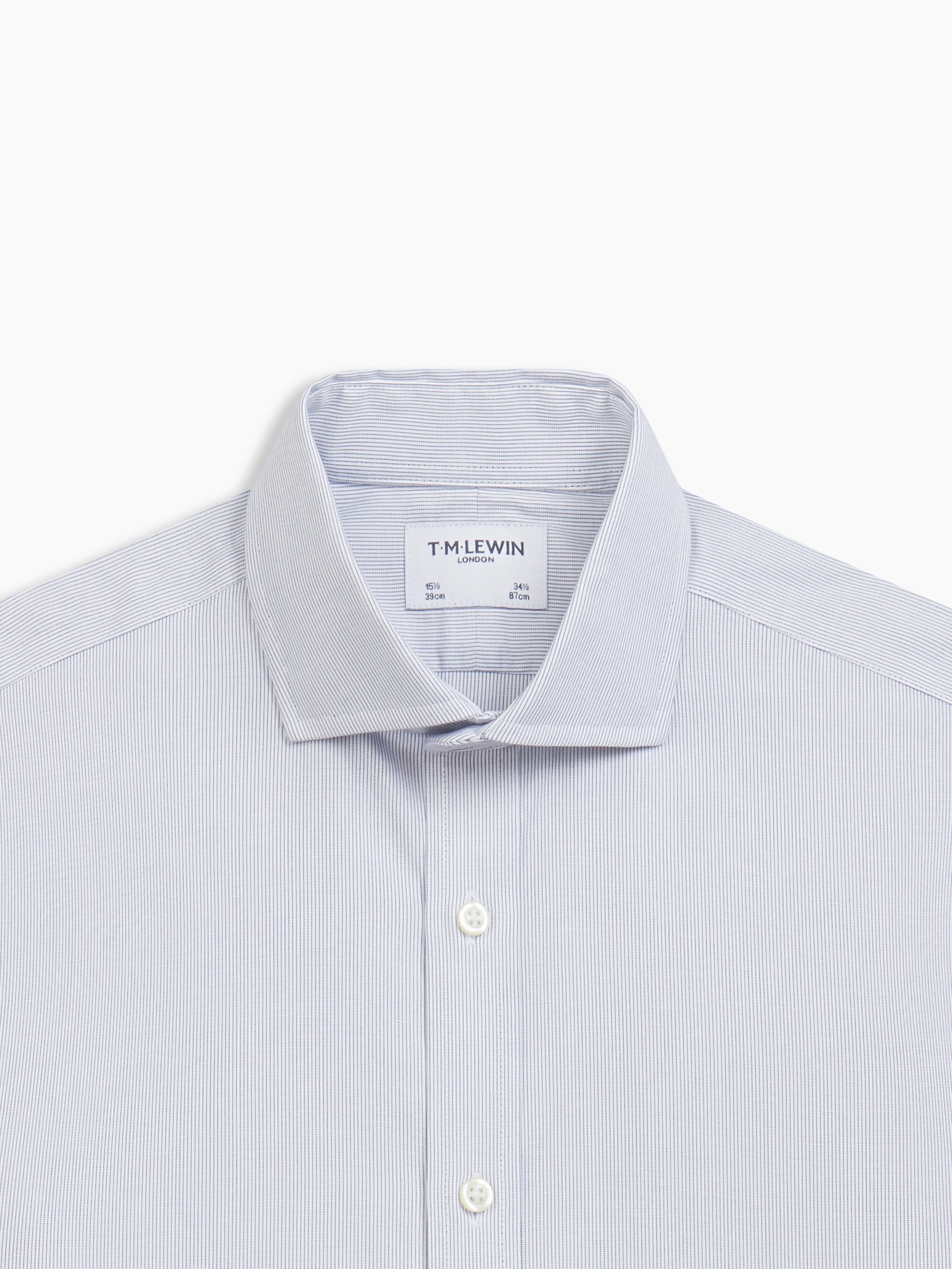 Non-Iron Navy Blue Narrow Dash Stripe Plain Weave Slim Fit Single Cuff Semi-Cutaway Collar Shirt