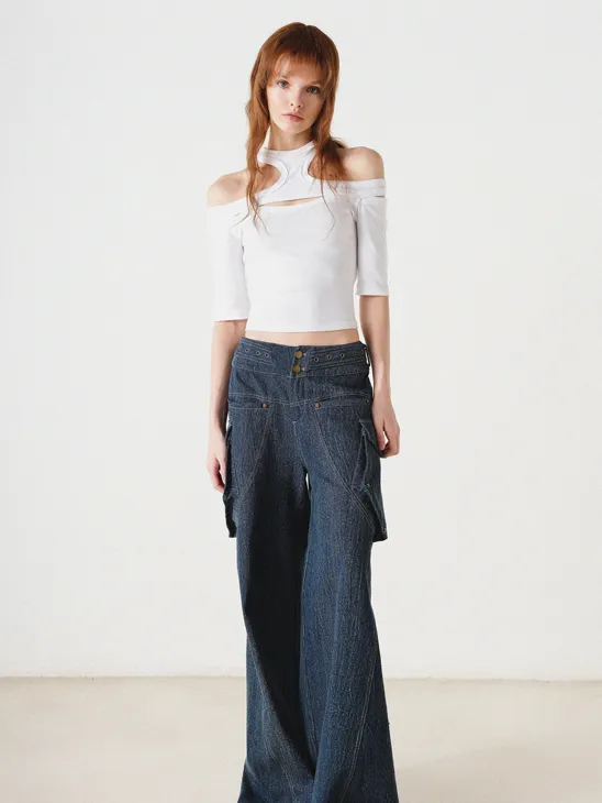 NORTH NODE Avant-Garde Cut-Out Crop Top - White and Charcoal