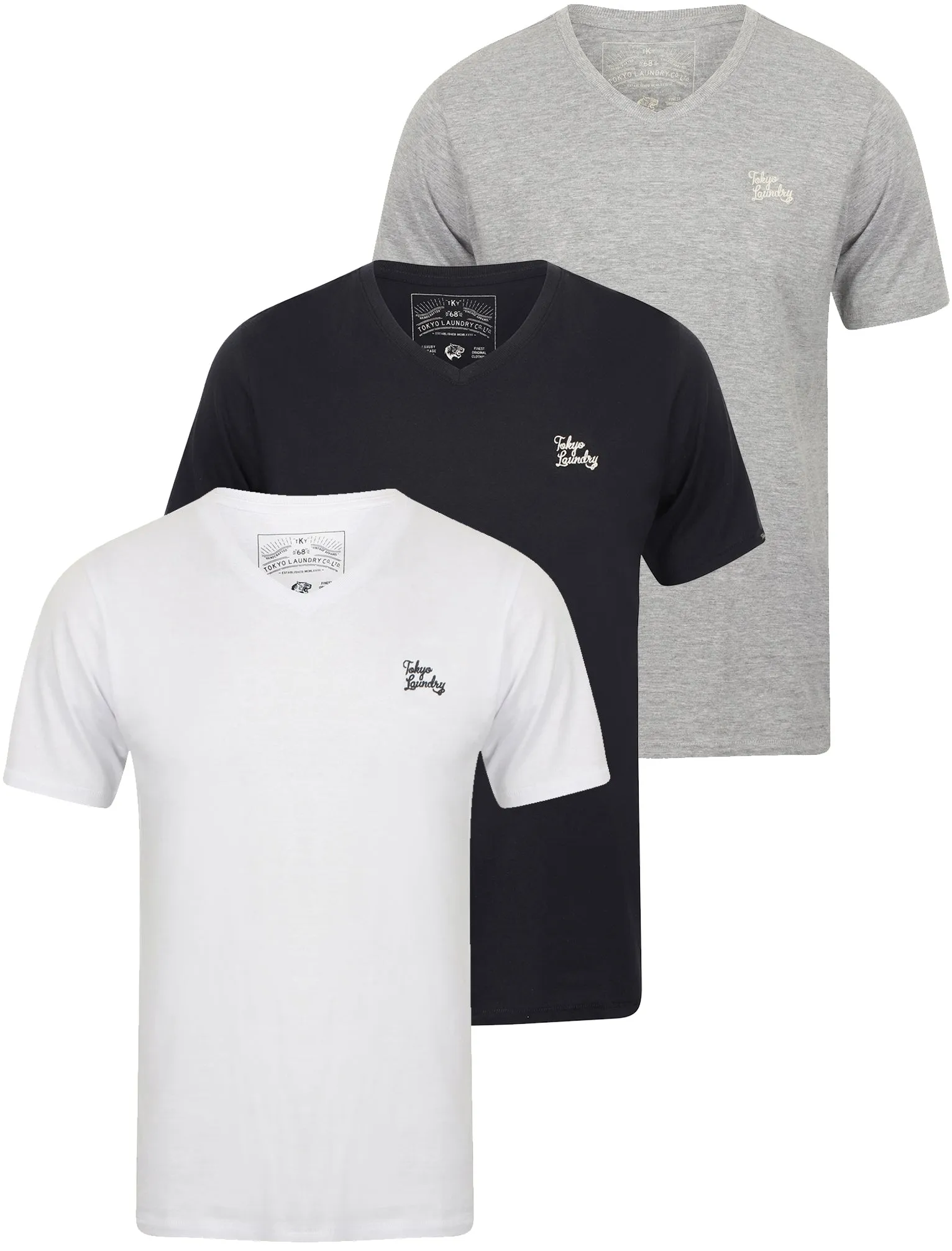 Nousu (3 Pack) V Neck Cotton T-Shirts In White / Light Grey Marl / Dark Navy - Tokyo Laundry