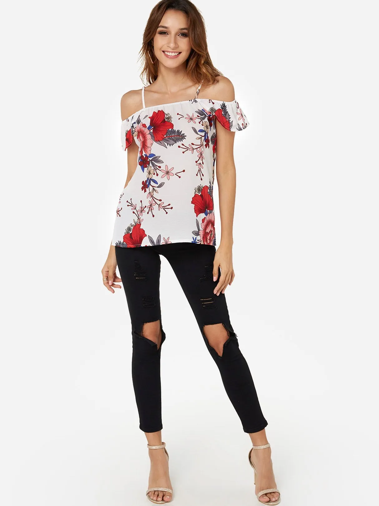 OEM ODM Cold Shoulder Floral Print Short Sleeve Top