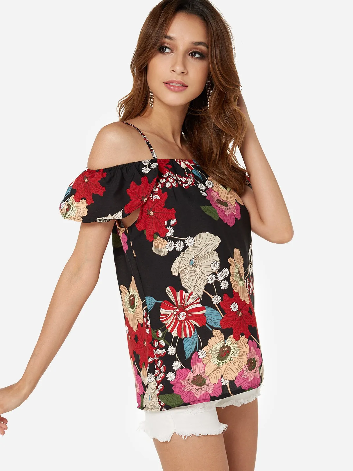 OEM ODM Cold Shoulder Floral Print Short Sleeve Top