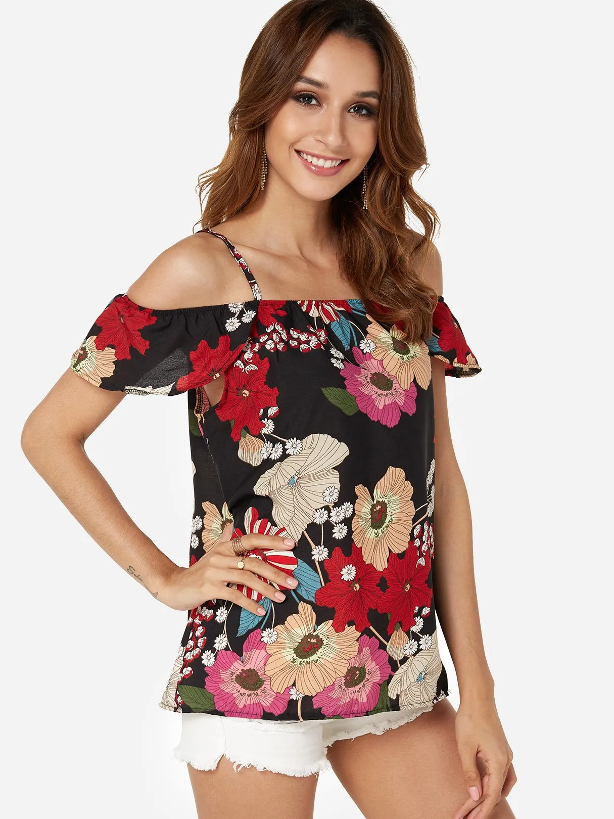 OEM ODM Cold Shoulder Floral Print Short Sleeve Top