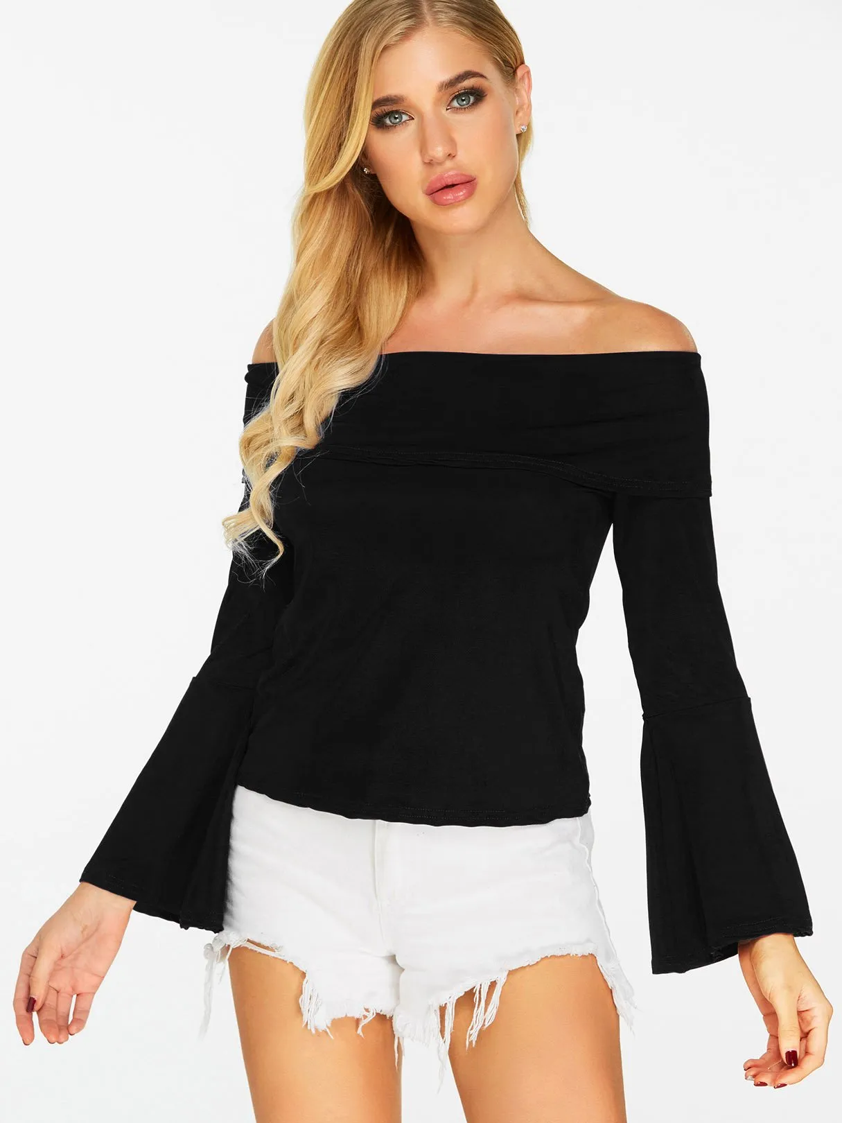 OEM ODM Off The Shoulder Plain Long Sleeve Black Blouses