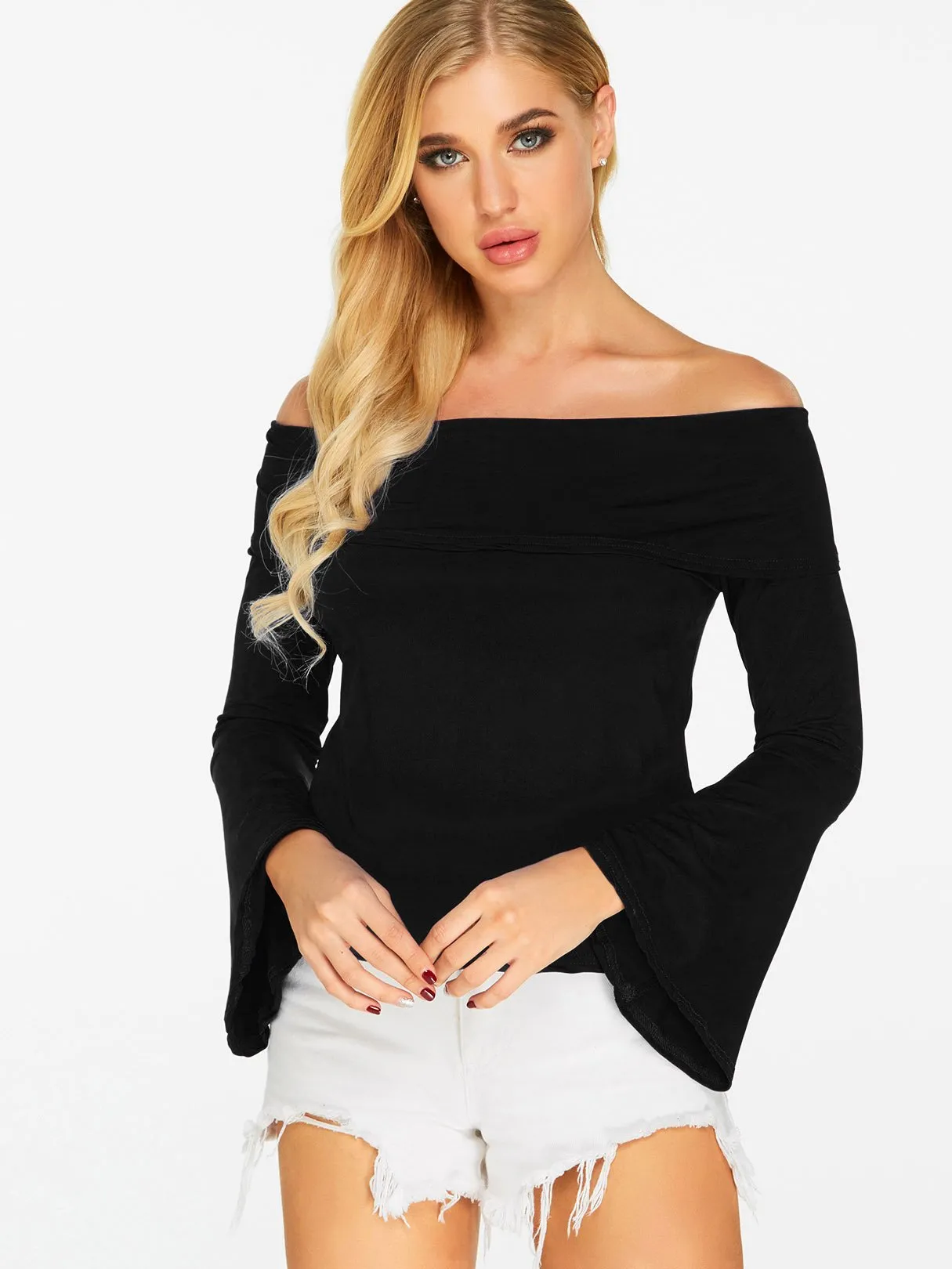 OEM ODM Off The Shoulder Plain Long Sleeve Black Blouses