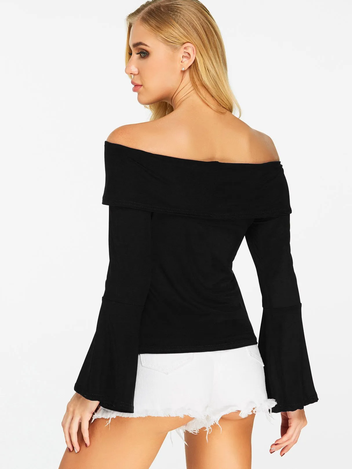 OEM ODM Off The Shoulder Plain Long Sleeve Black Blouses