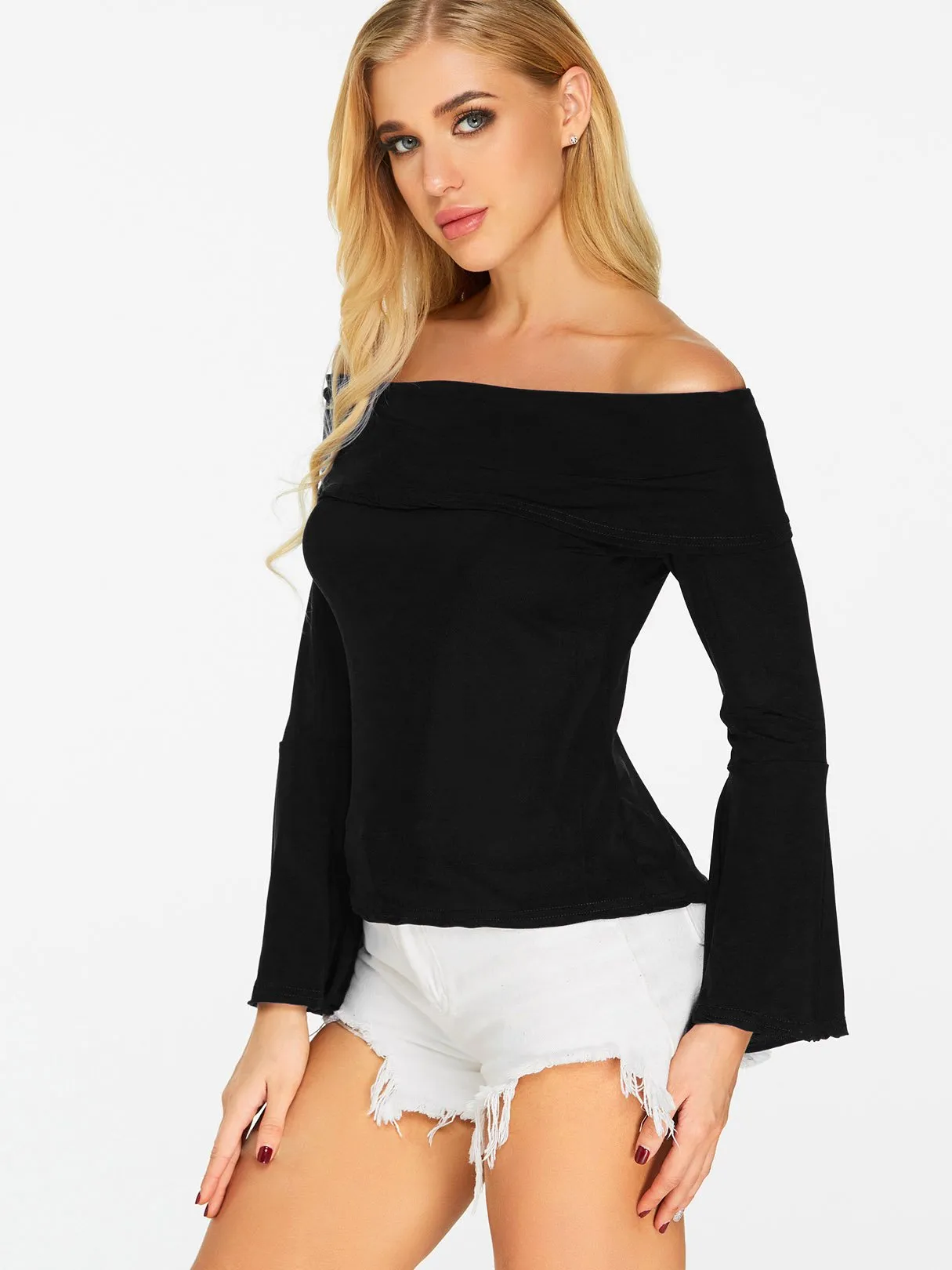 OEM ODM Off The Shoulder Plain Long Sleeve Black Blouses