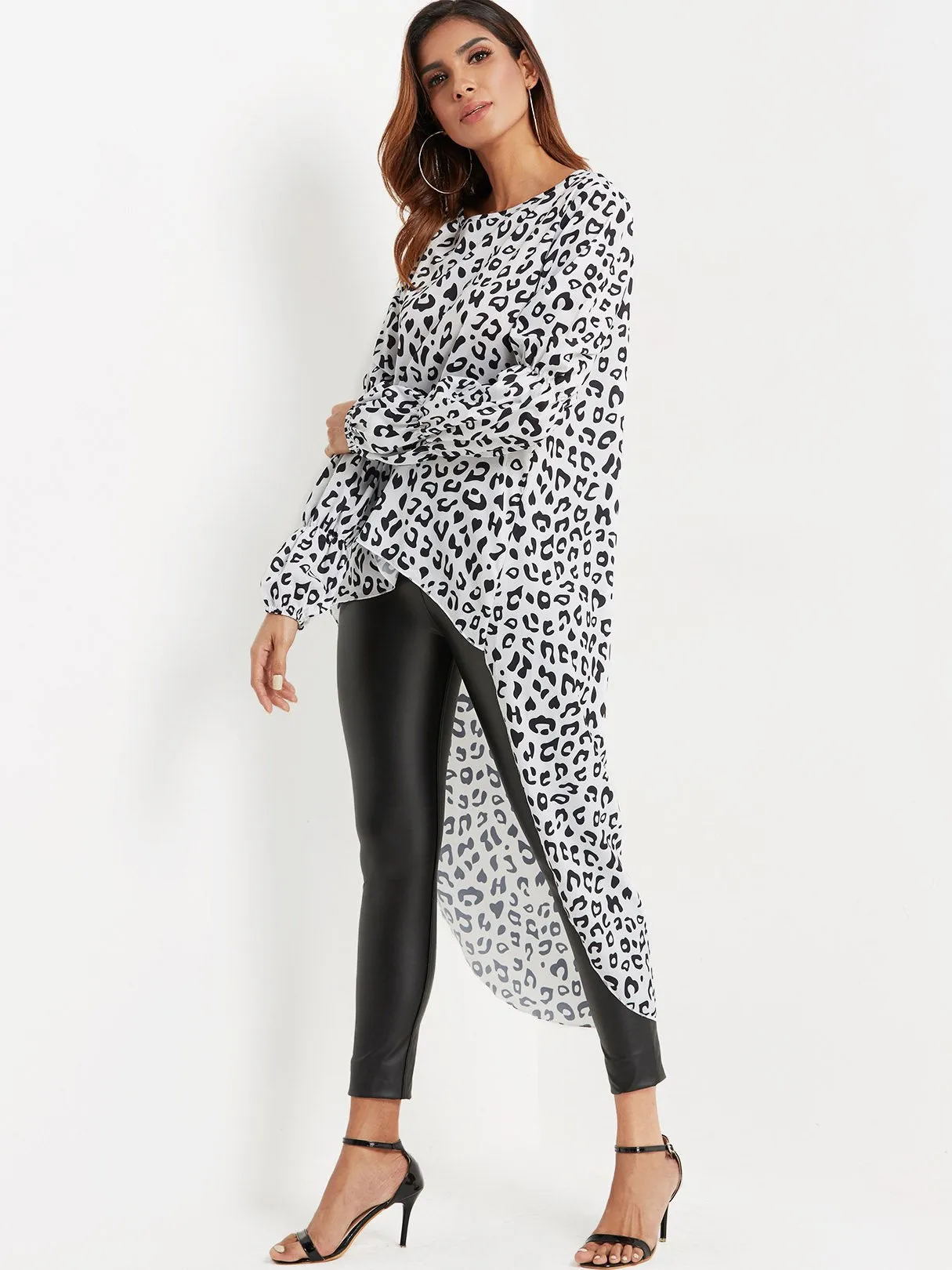 OEM ODM Round Neck Leopard Long Sleeve High-Low Hem Top