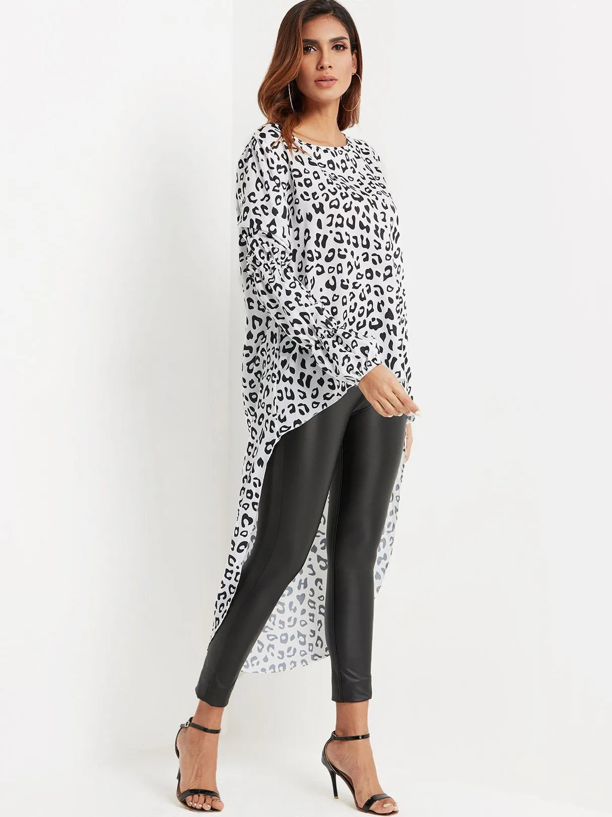 OEM ODM Round Neck Leopard Long Sleeve High-Low Hem Top