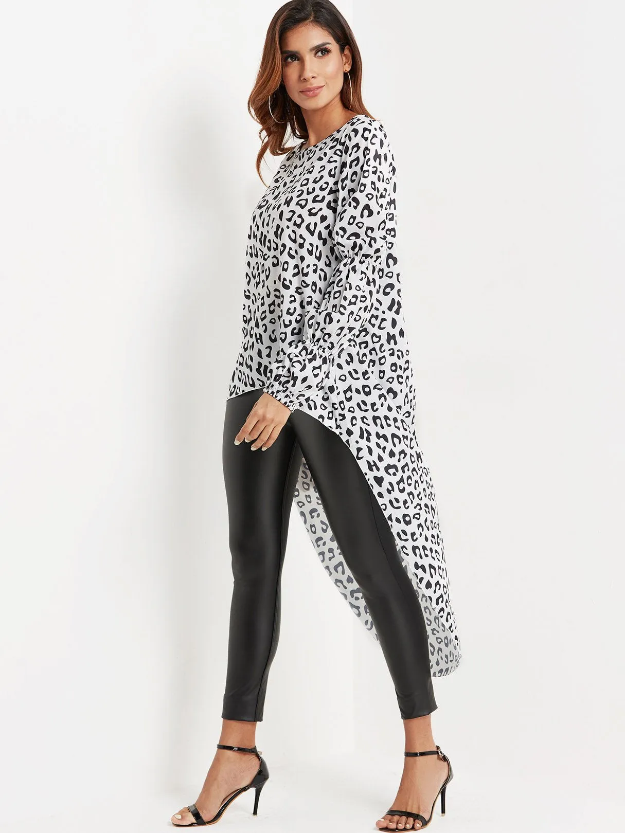 OEM ODM Round Neck Leopard Long Sleeve High-Low Hem Top