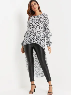 OEM ODM Round Neck Leopard Long Sleeve High-Low Hem Top