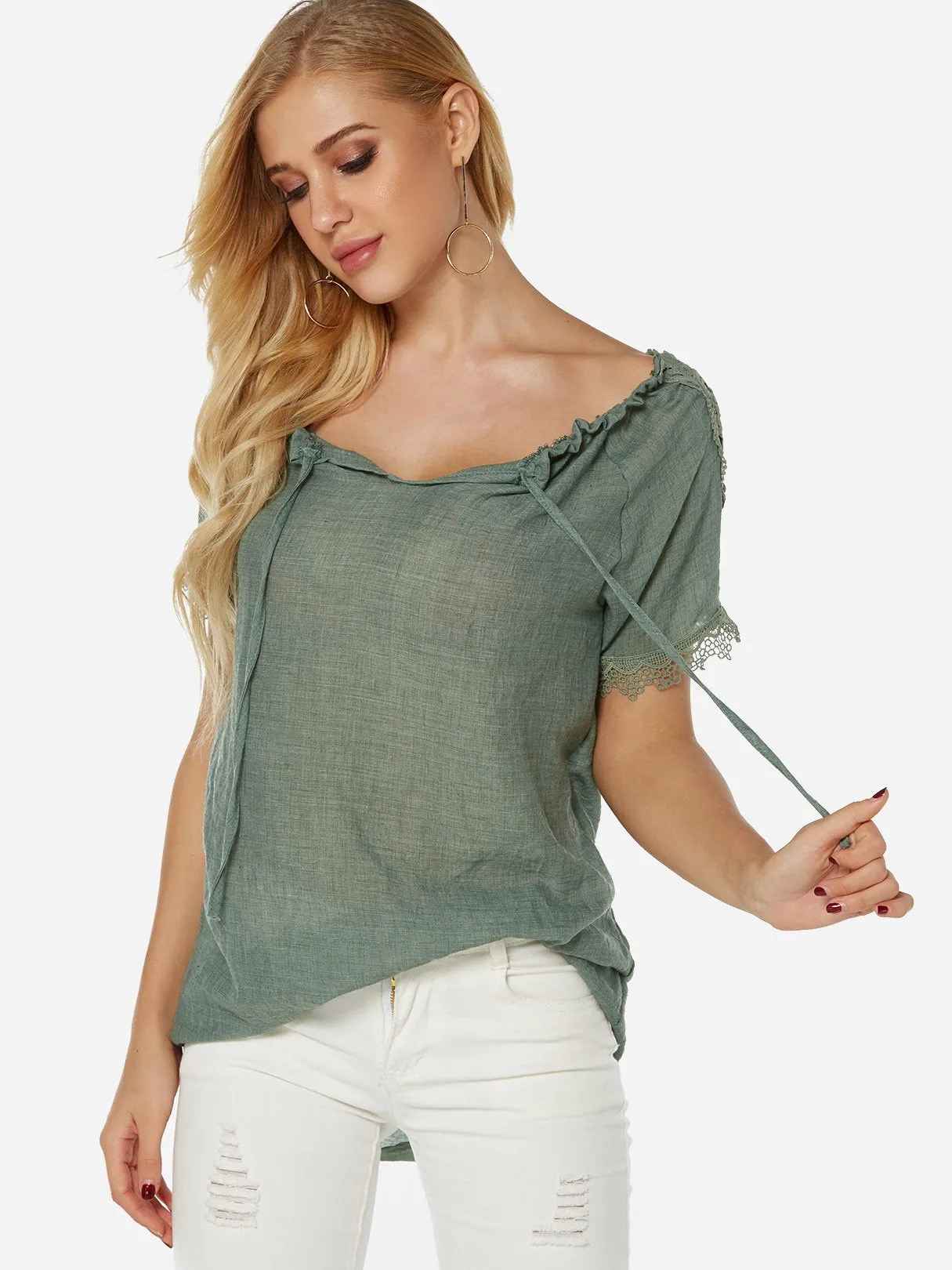 OEM ODM Sheer Lace Short Sleeve Green Blouses